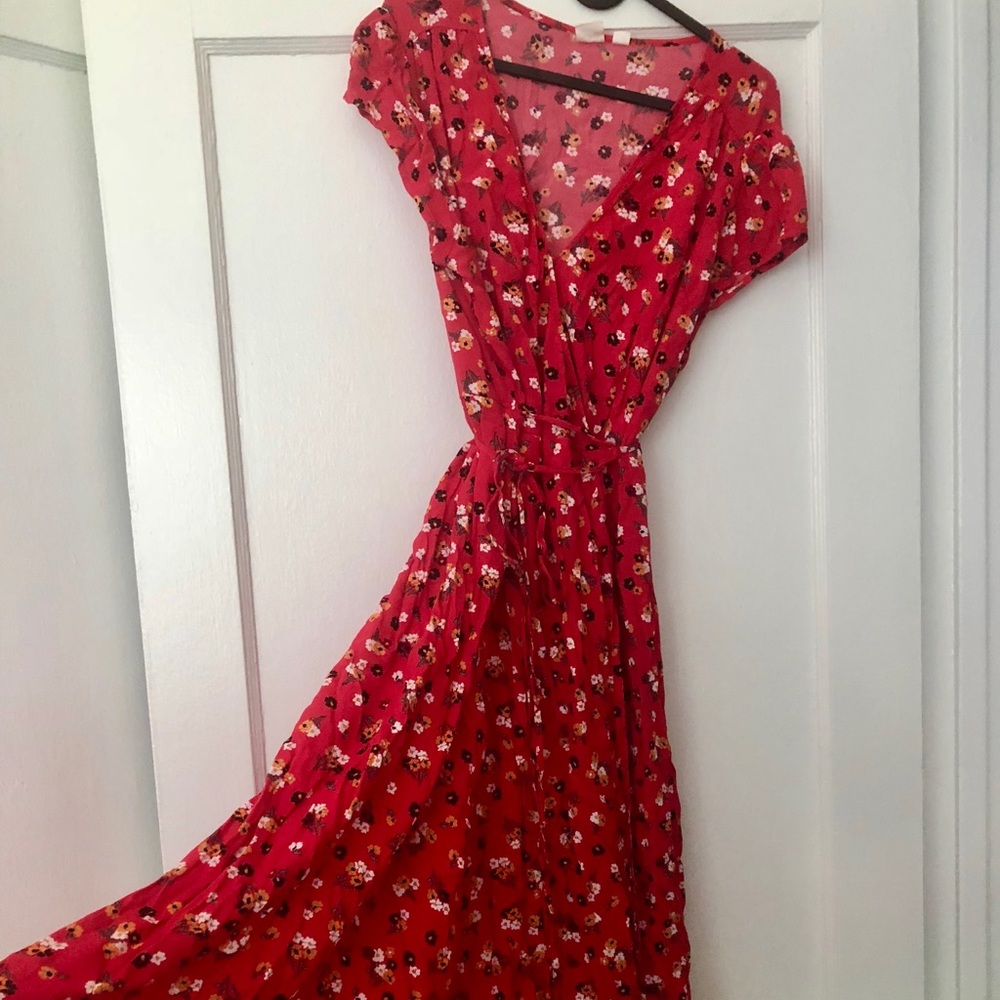 Red floral midi wrap dress.